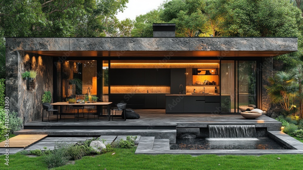 Modern dark stone house with open-plan kitchen, patio, and water feature.