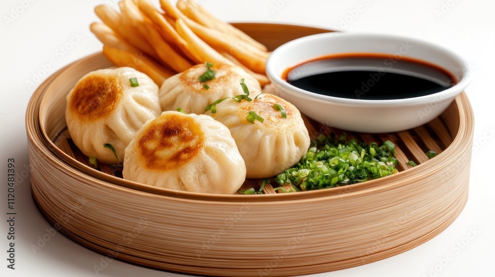 A bamboo steamer filled with dumplings, served with dipping sauce. A bamboo steamer filled with dumplings, served with dipping sauce.
