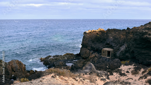 Obraz na płótnie Beautiful coastal landscape scenery, fisherman's hut on the cliffs at Charco del Palo, Lanzerote, Canary islands, nature background w salonie