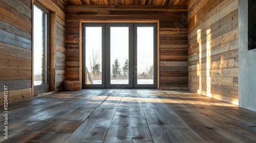 A seamless view of walls and floors fully covered with warm-toned wooden planks.



