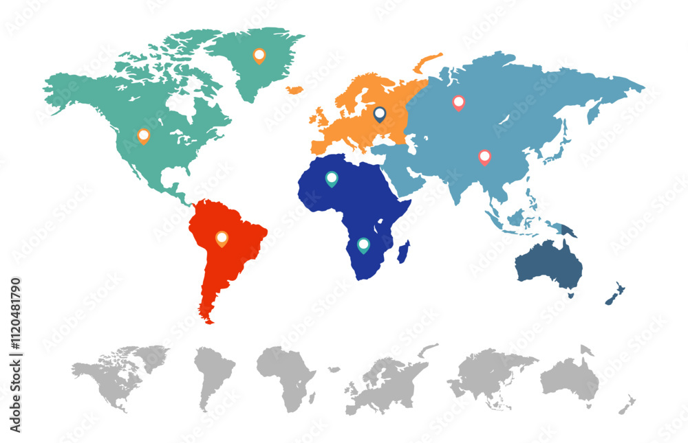 Fototapeta premium Colorful world map showing continents with location pins, emphasizing global connections and providing a visual representation of different regions