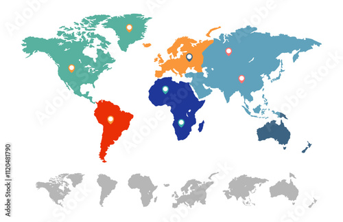 Colorful world map showing continents with location pins, emphasizing global connections and providing a visual representation of different regions