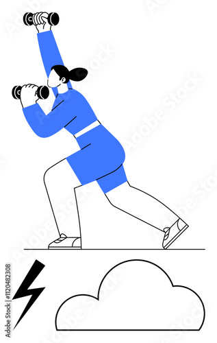 Woman in athletic wear performing lunges with dumbbells. Ideal for fitness, strength training, motivation, healthy living, wellness, exercise routines, personal training. Line metaphor