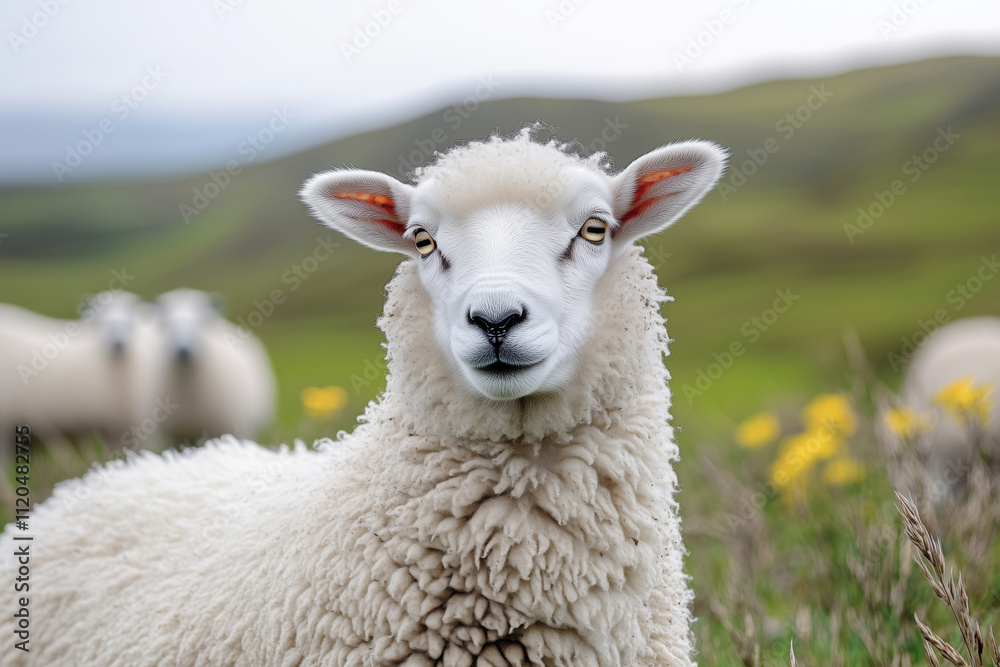 Sheep grazing peacefully along a lush mountain range in early spring Sheep grazing peacefully along a lush mountain range in early spring