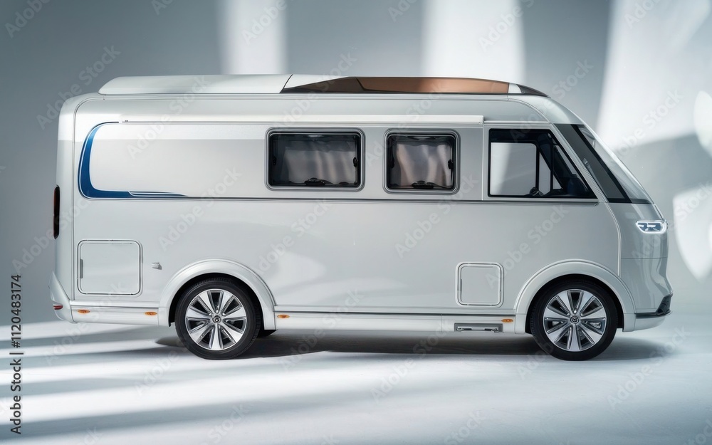 A sleek mobile home on wheels, an improved version of the modern residential motorhome, isolated, against a neutral background A sleek mobile home on wheels, an improved version of the modern residential motorhome, isolated, against a neutral background