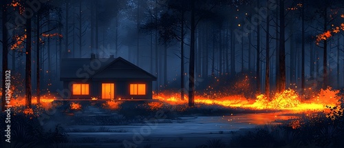 A mysterious house sits serenely among dark forest trees, illuminated by glowing flames that encircle it, reflecting an eerie, contrasting ambiance in the cool night.