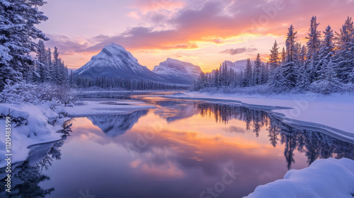 The water appears partially frozen, with thin layers of ice and sections of gently flowing water catching the light. 