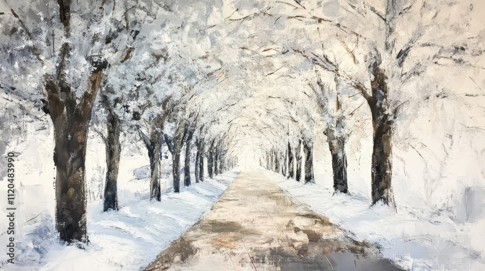A long park road perspective flanked by rows of snow-laden trees, their branches forming a natural canopy overhead.
A long park road perspective flanked by rows of snow-laden trees, their branches forming a natural canopy overhead.