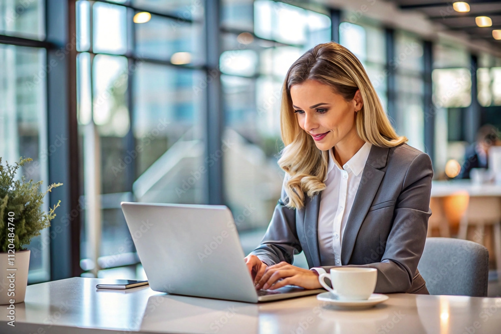 Fototapeta premium Confident businesswoman working on laptop in modern office.