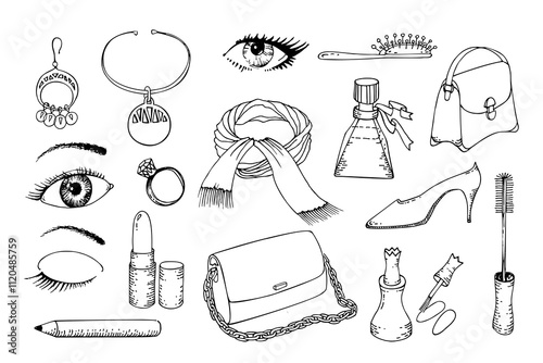 Woman clothes and accessories. Women necklaces, earrings and rings, handbag, scarf, perfumes and cosmetics. Hand drawn vector line illustration.