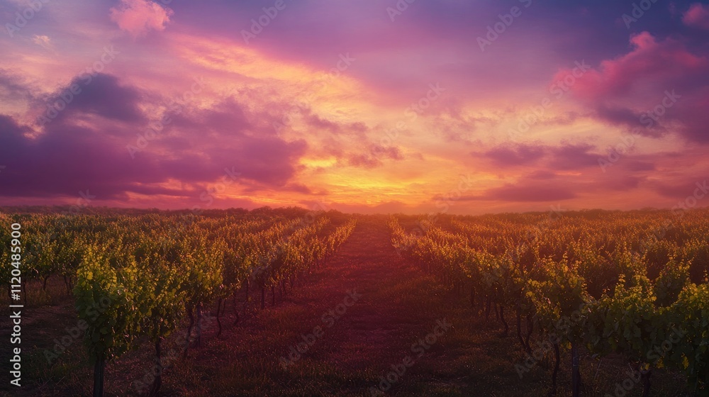 A wide panoramic view of a vineyard glowing under the warm light of sunset.
A wide panoramic view of a vineyard glowing under the warm light of sunset.