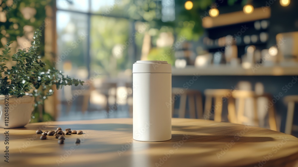 White coffee can on cafe table.