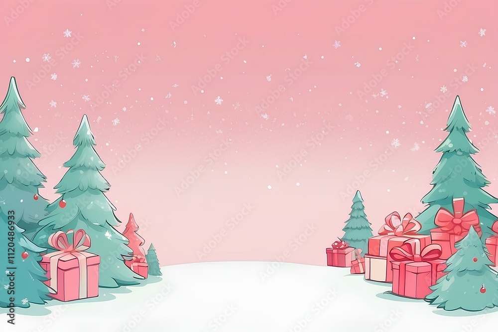 Fototapeta premium soft pink winter background with trees and holiday presents