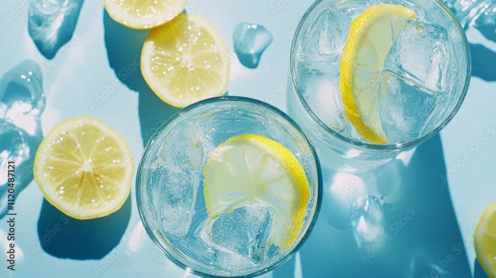 A panoramic view of a refreshing lemonade with ice cubes and lemon slices.
A panoramic view of a refreshing lemonade with ice cubes and lemon slices.