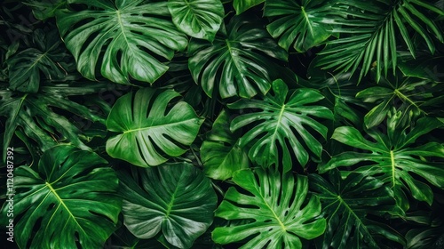 Lush green tropical leaves creating a vibrant backdrop.