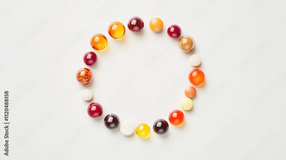 Close-up of diverse multivitamin capsules in circular arrangement for health and wellness concept Close-up of diverse multivitamin capsules in circular arrangement for health and wellness concept