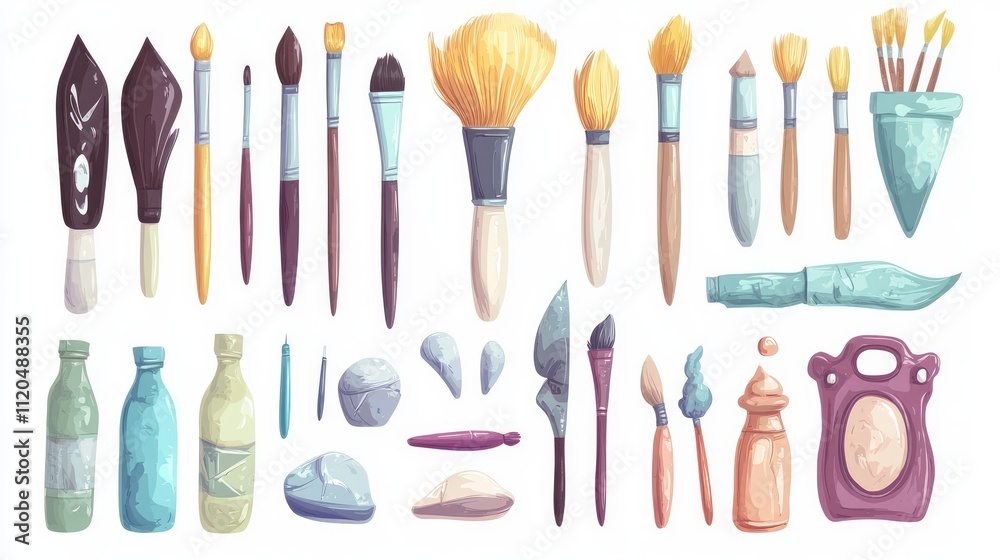 A cartoon-style vector set of painting tools, including brushes, palettes, and paints.
A cartoon-style vector set of painting tools, including brushes, palettes, and paints.