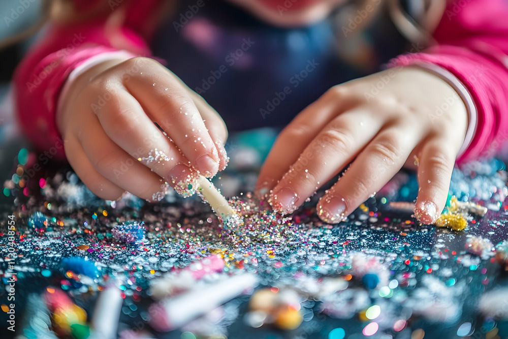 Delightful moment as a child engages with colorful glitter and crafting materials at home Delightful moment as a child engages with colorful glitter and crafting materials at home