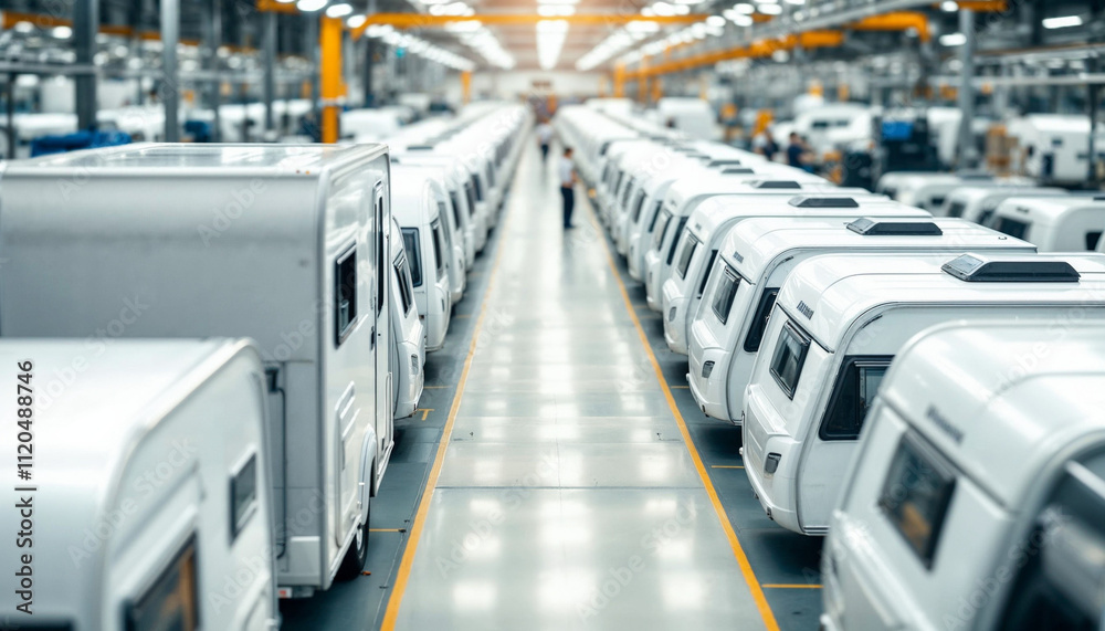 Obraz premium A neat caravan factory with symmetrical rows of white caravans, gleaming under bright lighting.