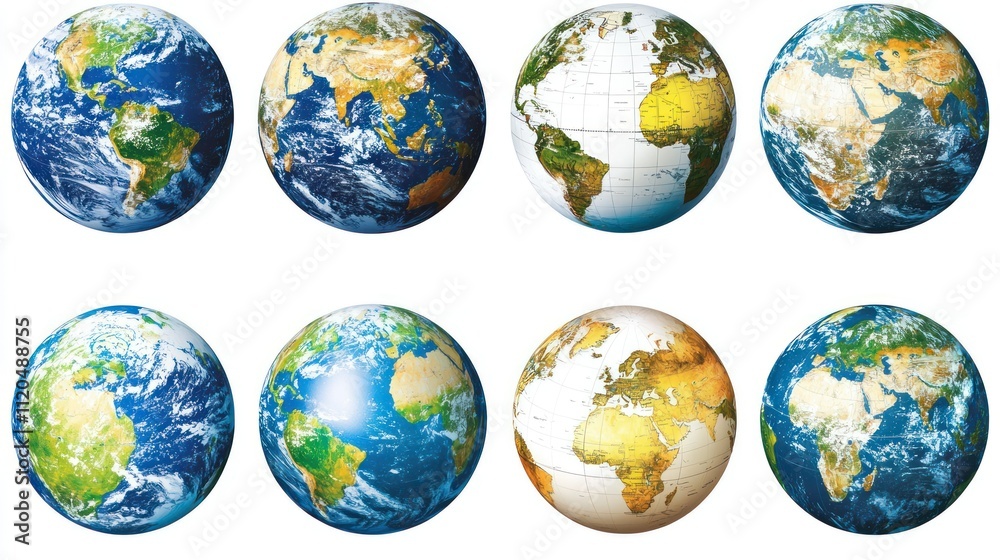 Eight globe illustrations showcasing Earth's continents. Eight globe illustrations showcasing Earth's continents.