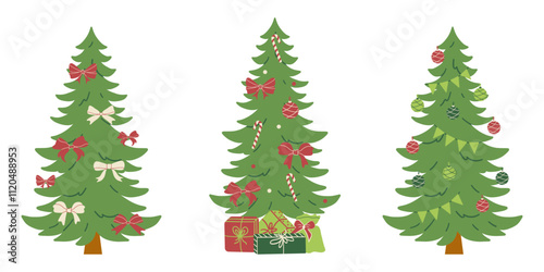 Merry Christmas simple card on white background with handwritten text. Set of flat designs of Christmas tree with Christmas bows, balls and gifts.