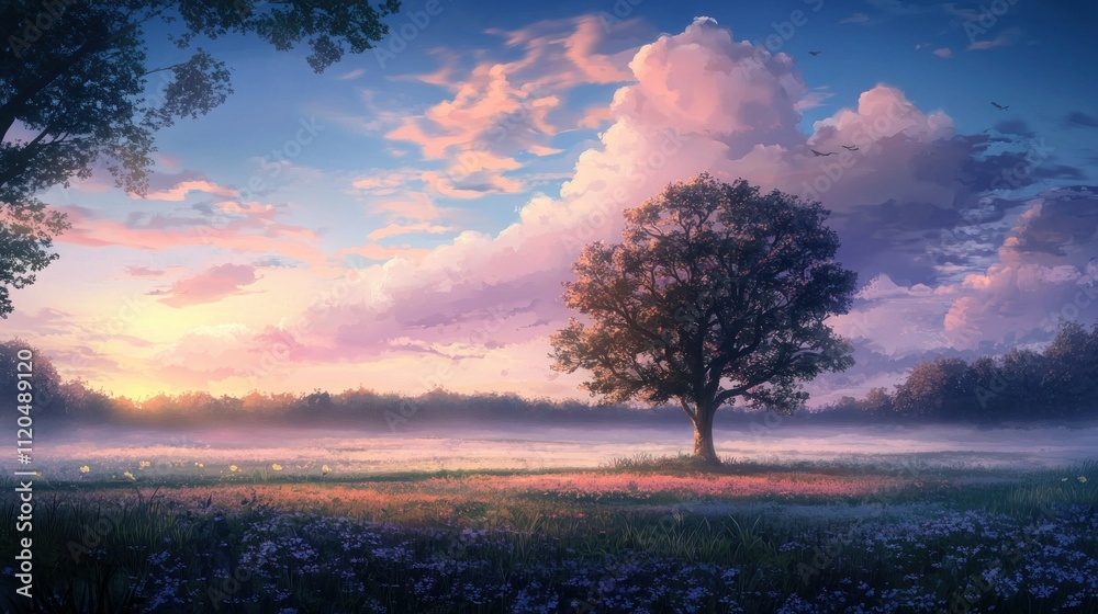 Serene landscape with a solitary tree at sunset. Serene landscape with a solitary tree at sunset.