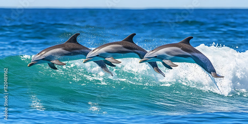 Golfinhos brincalhões saltando acima das ondas oceânicas turquesas. photo