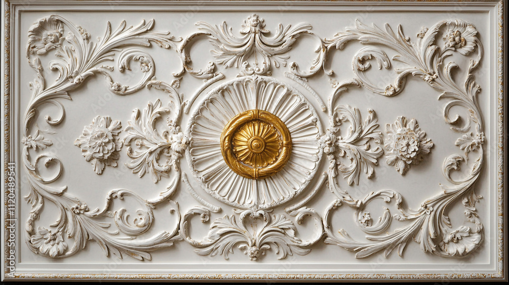 Obraz premium Elegant White Gold Ornate Plaster Ceiling Panel Design