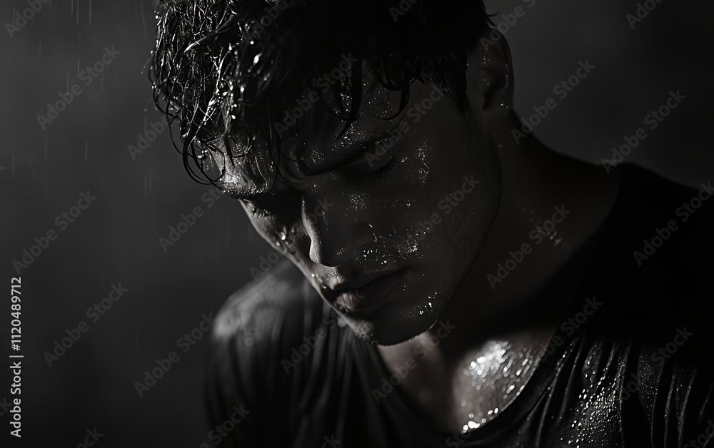 Intense Expression of Determination From a Young Man in a Dark, Rainy Environment at Night Showcasing Resilience and Strength Intense Expression of Determination From a Young Man in a Dark, Rainy Environment at Night Showcasing Resilience and Strength
