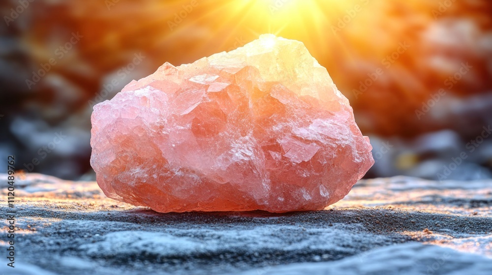 Raw rose quartz crystal at sunset. Raw rose quartz crystal at sunset.