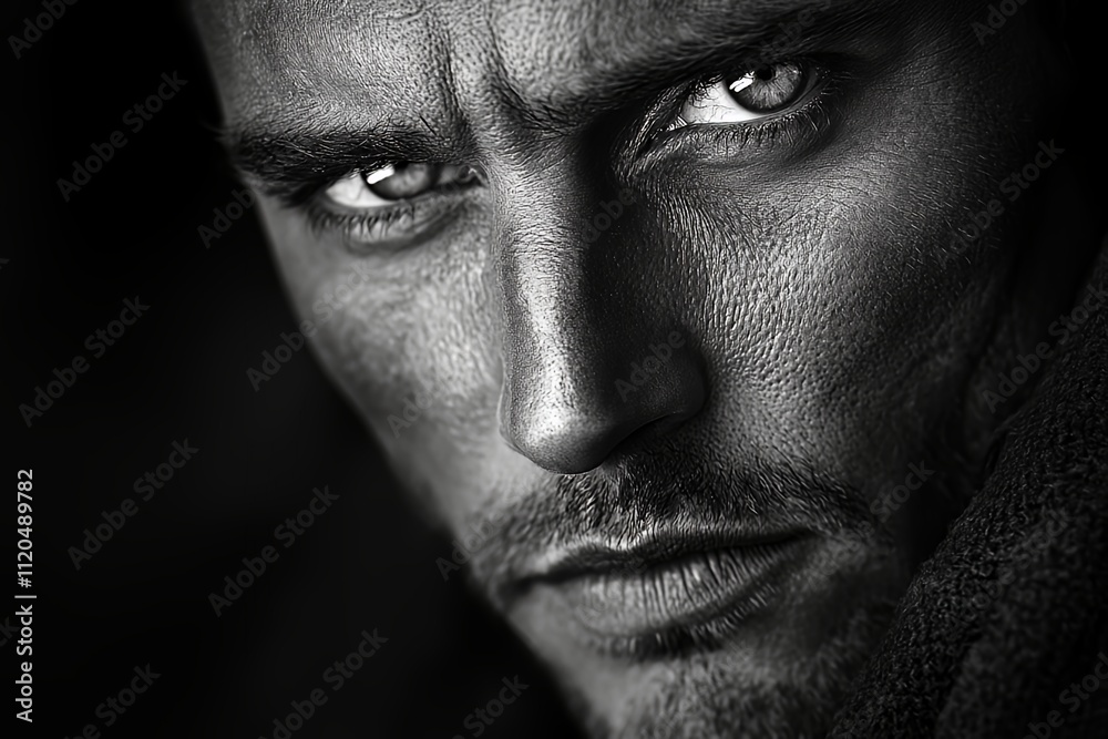 Close-up Portrait of a Man With Intense Eyes and Textured Skin, Showcasing Strong Facial Features and Deep Expressions in Black and White Close-up Portrait of a Man With Intense Eyes and Textured Skin, Showcasing Strong Facial Features and Deep Expressions in Black and White