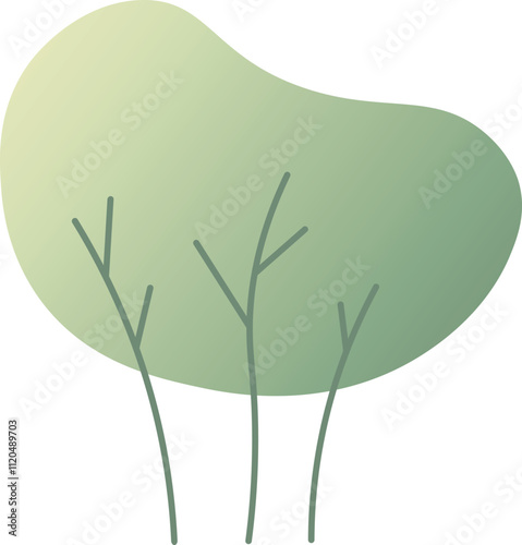 Minimalist illustration of an abstract tree with a green gradient blob representing the foliage and three thin branches growing upwards, symbolizing growth, nature, and simplicity