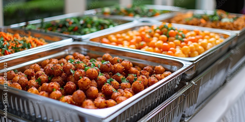 Obraz premium A Diverse Array of Deliciously Prepared Dishes Displayed in Stainless Steel Trays, Showcasing Vibrant Colors and Fresh Ingredients at a Buffet Setting