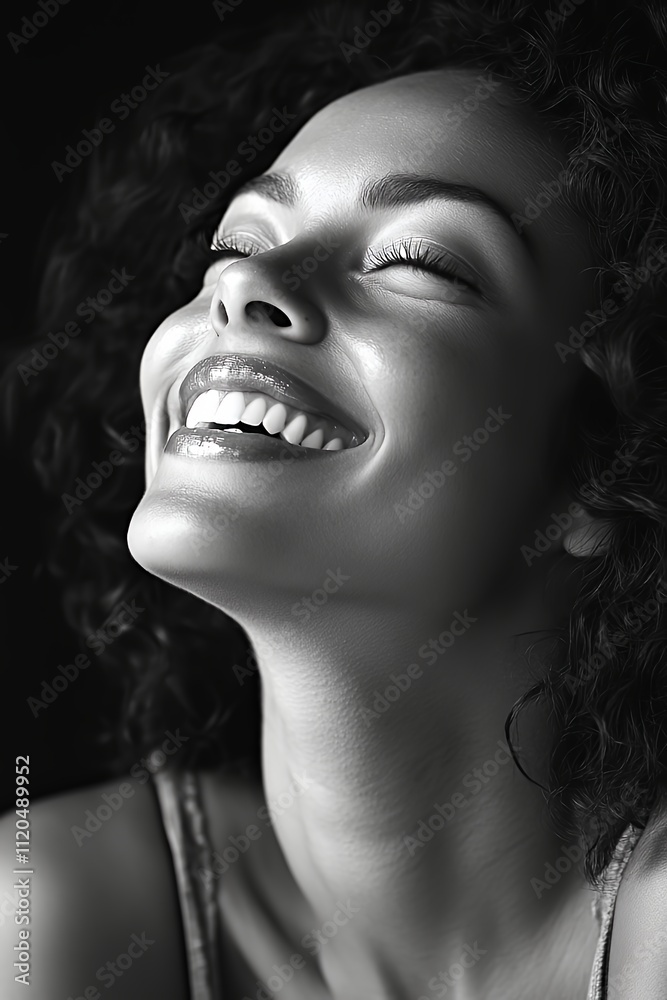 Smiling Woman With Curly Hair Enjoying a Joyful Moment of Happiness in Black and White Portrait Smiling Woman With Curly Hair Enjoying a Joyful Moment of Happiness in Black and White Portrait