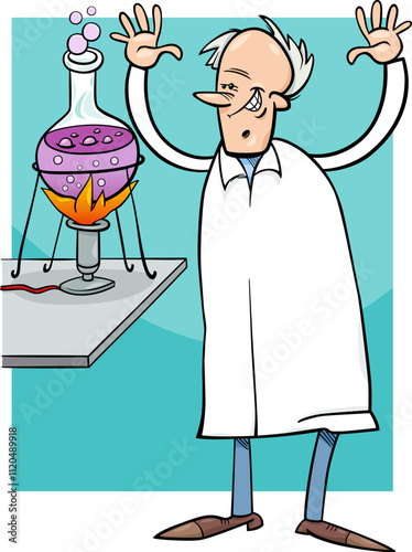 happy cartoon scientist or inventor in laboratory