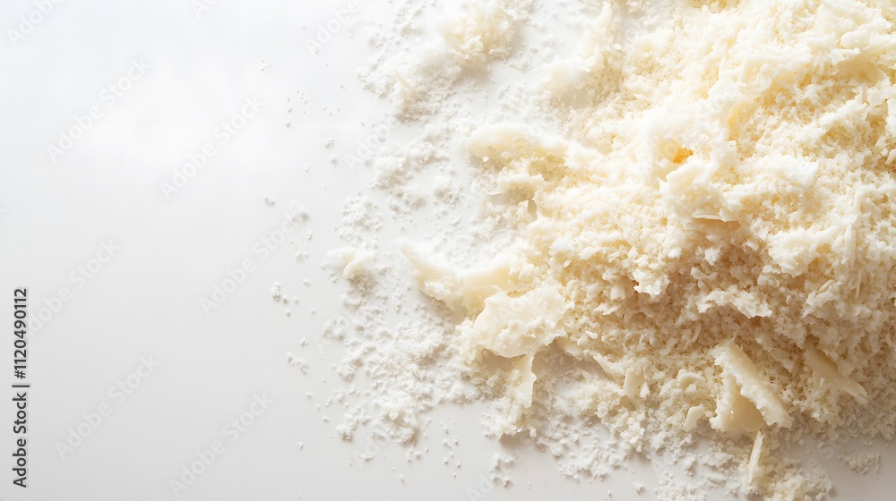 White grated coconut scattered on a white background White grated coconut scattered on a white background