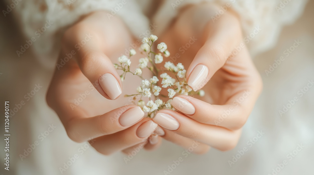 Elegant minimalist nail art on hands holding delicate white flowers for beauty and fashion inspiration Elegant minimalist nail art on hands holding delicate white flowers for beauty and fashion inspiration