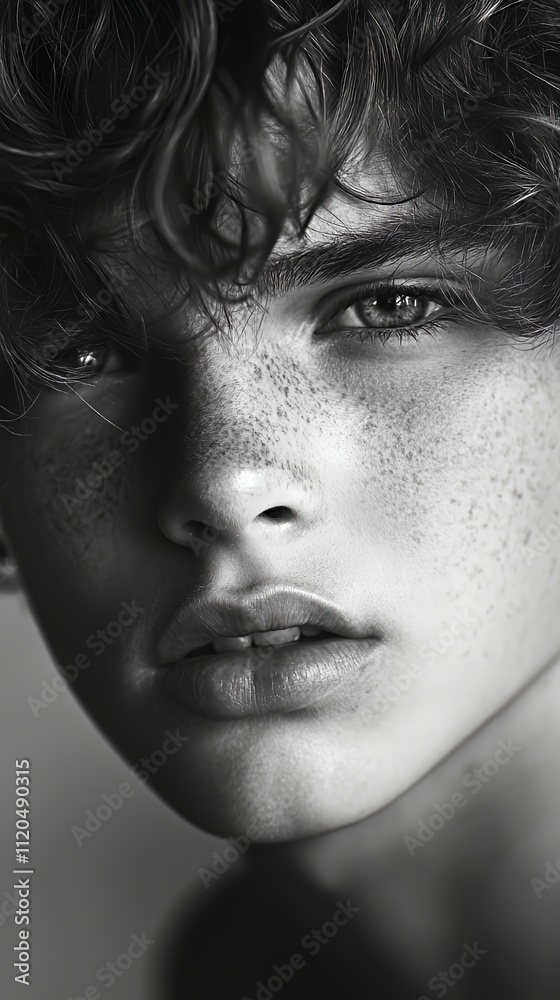 Close-up Portrait of a Young Person With Expressive Features and Freckles in Black and White Close-up Portrait of a Young Person With Expressive Features and Freckles in Black and White