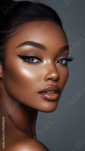 Elegant portrait of model with bold smokey eye makeup and radiant glow