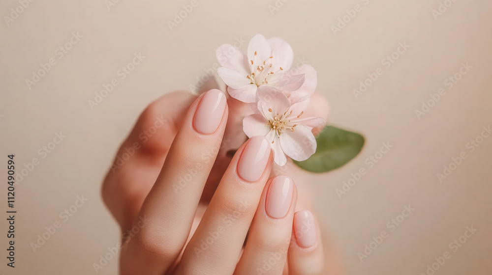 Elegant minimalist nail art with soft pink polish and cherry blossom accent Elegant minimalist nail art with soft pink polish and cherry blossom accent