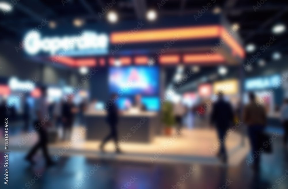 Vibrant branded trade show booth with motion blur of attendees Vibrant branded trade show booth with motion blur of attendees