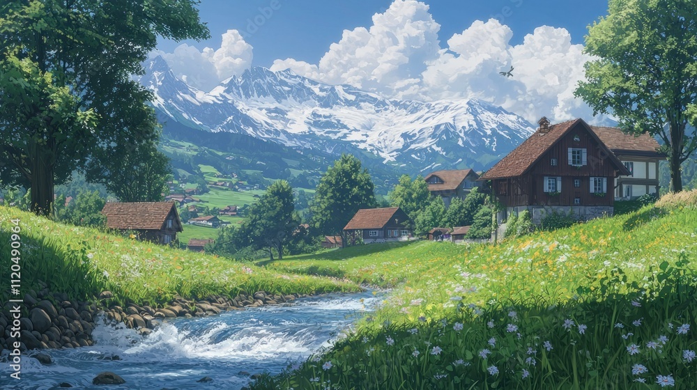 Naklejka premium Scenic mountain landscape with a stream and cottages.