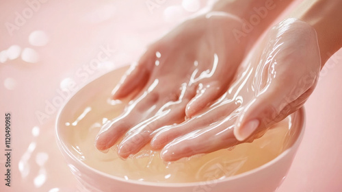 Relaxing spa ritual with hands gently immersed in warm paraffin for soft skin and wellness