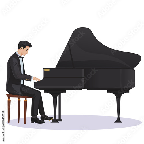 A man in formal attire playing a grand piano, seated on a stool. Flat design style on a white background. Concept of music performance. Vector illustration