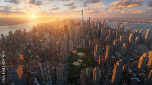 Aerial view of a vibrant city skyline at sunset. photo