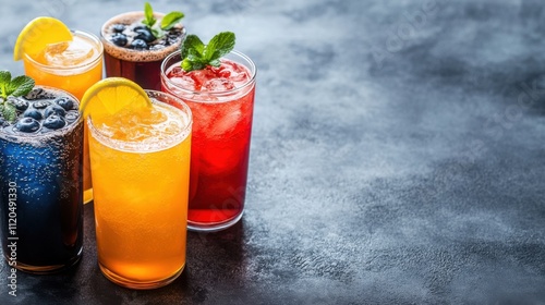 Refreshing Summer Drinks with Fruits and Mint in Glasses on Dark Table for Vibrant Beverage Photography photo