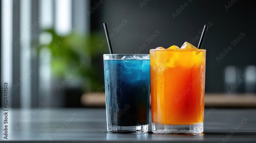 Vibrant Blue and Orange Cocktails with Straw in Clear Glasses on Dark Background in Modern Bar Setting Vibrant Blue and Orange Cocktails with Straw in Clear Glasses on Dark Background in Modern Bar Setting