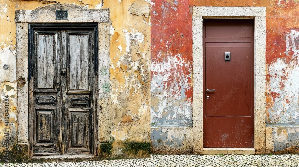 Two contrasting doors on weathered walls. Two contrasting doors on weathered walls.