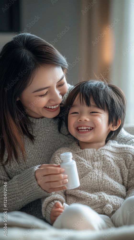 Caring mother giving child cold medicine at home - family comfort and health Caring mother giving child cold medicine at home - family comfort and health