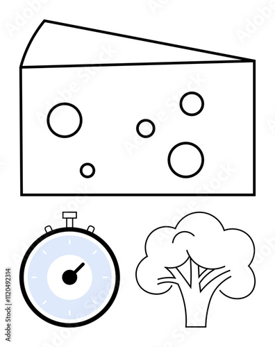 Cheese slice with holes stopwatch with blue face and tree outline. Ideal for culinary, efficiency, growth, time, nature, simplicity, balance. Line metaphor